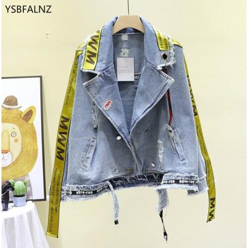 2020 Harajuku Streetwear Denim Jackets Women Hip Hop Letter Embroidery Ribbon Female Jean Coat Hole Autumn Irregular Clothing