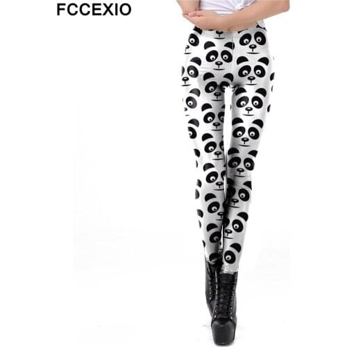 FCCEXIO New In Lovely Panda Printed Leggings Women Workout Mid Waist Legins Casual Elastic Fintess Pants All-match Leggins