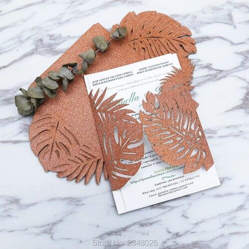 Customized Copper gold tropical Laser Cut Wedding Invitation,palm tree style invitations, personalized printed folded cards
