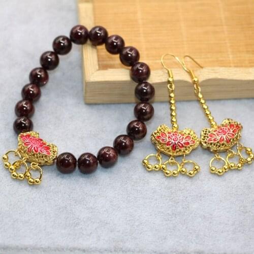 Hot sale natural 8mm garnet round stone beads bracelets earrings for women gifts diy cloisonne jewelry set 7.5inch B3028