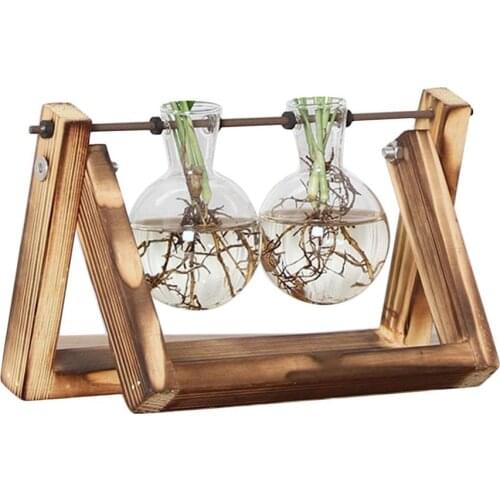Desktop Glass Planter Bulb Vase with Retro Solid Wooden Stand and Metal Swivel Holder for Hydroponics Plants Home Office Decor