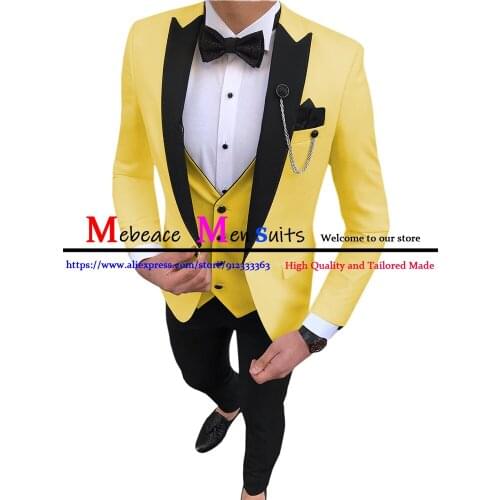 2021 New Slim Fit Men Suits For Prom Party Groom Wear Yellow Peaked Lapel Groomsmen Fashion Outfit Man Formal Blazers 3 Piece