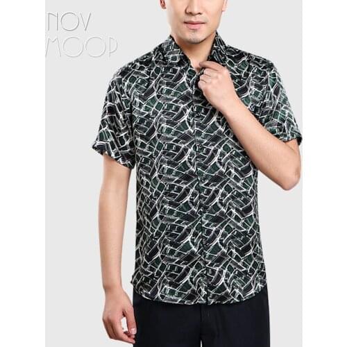 Novmoop casual style men summer geometric printed green color short sleeve natural spandex silk shirt camisas chemise LT3155