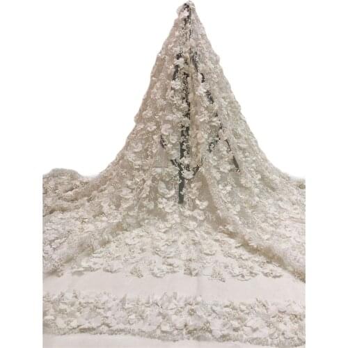 Off White Color Washable Embroidered Tulle Material African French Lace Fabirc with Plenty Beads for Fashion Skirt Show Dress