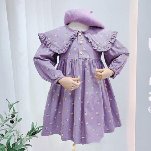 Autumn Girls Dress Children Clothing Baby Kids Floret Pleated Collar Long Sleeve Dress Princess Dress For Girls