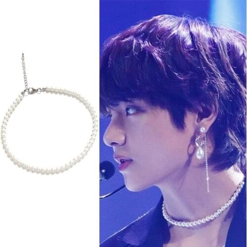 KPOP Kim Tae Hyung Necklace Pearl Beads Choker Necklace Men Women Elegant Jewelry Collier Korean Bangtan Boys Accessory Gift