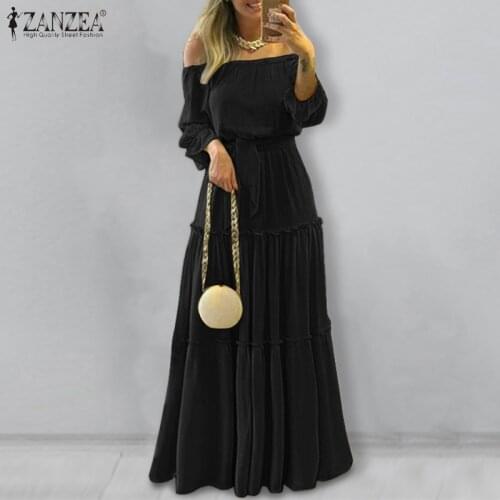 Womens Beach Holiday Ruffle Robe 5XL Bohemian Long Maxi Dress ZANZEA Fashion Off Shoulder Vestidos Female Lace Up Belted Dresses