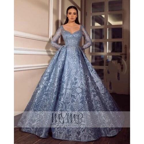 Stunning Dubai Long Sleeve Evening Formal Gowns Blue Sweetheart Couture Lace Design Embrioderied Bridal Mother Dress Plus Sizes