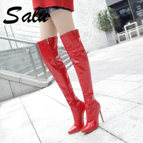 Salu Thin High Heels Women Boots Stretch Sexy Boot Pointed Toe Female Shoes Zipper Winter Warm Footwear Big Size 42 43 44
