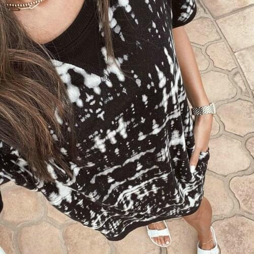 Stylish Women Dress Round Neck Short Sleeve Casual Mini Dress for Summer Vintage Tie Dye Printed Straight Dress with Pockets D30