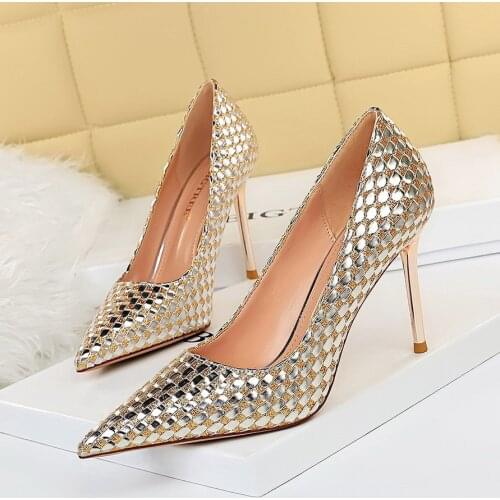 BIGTREE Women Pumps Sexy Nightclub Slim-Looking High Heel Shallow Fashion Thin High Heels Mouth Pointed-Toe Woven Sequined Shoes