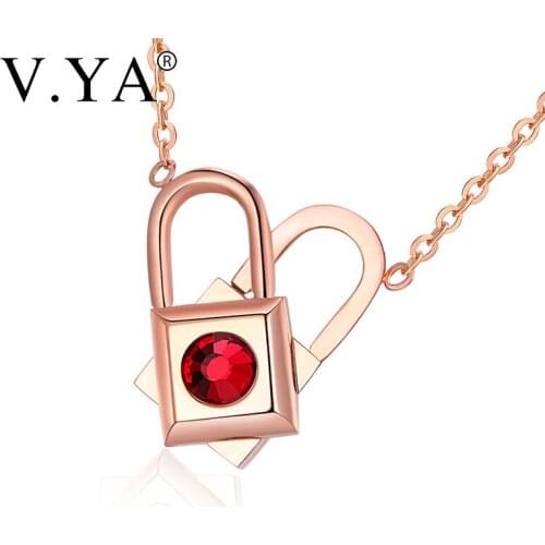 V.YA Fashion Heart Lock Necklace For Women Stainless Steel Pendant Chain Rose Gold Rotatable Necklace For Female Birthday Gift