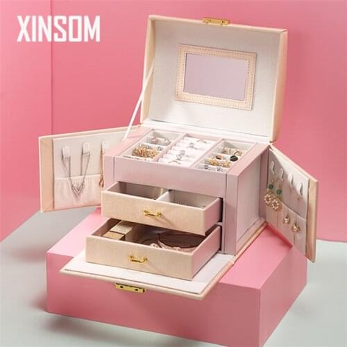 XINSOM Big Jewelry Box PU Leather High Capacity Jewelry Storage Box Drawer Type Three Layers Jewelry Case Casket With Mirror