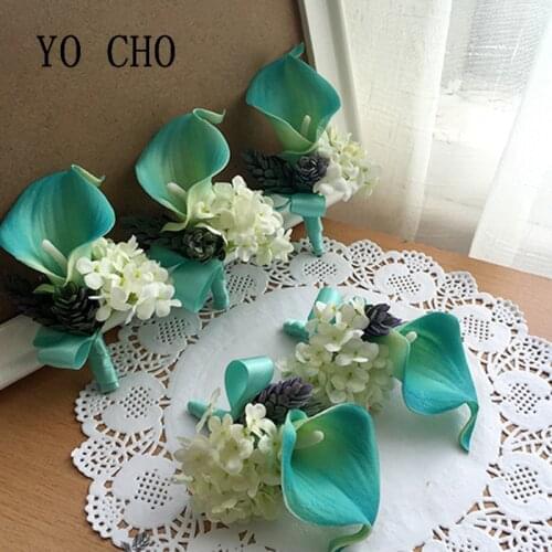 YO CHO 2018 New Tiffany Calla Lily Corsage Artificial Flower Brooch Bouquet Boutonniere Flower Bridal Groom Groomsmanpin Decor