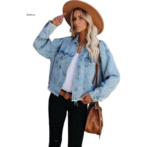 Women Fashion Loose Short Denim Jackets Vintage Jackets Spring Coat Streetwear Hem Frayed Coat Ladies Short Style Tops