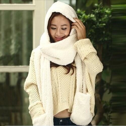 Female Winter Warm Soft Plush Faux Fur Hooded Cap Set High quality Hat Scarves Scarf Gloves A Nice Gift For Woman Girl