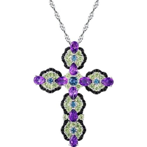 GZ ZONGFA Fashion Style Natural Topaz Amethyst Gem Jewelry Necklace 925 Sterling Silver Cross Women Pendant Necklace