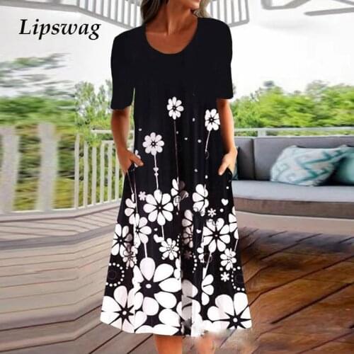 2021 Summer Women Elegant Floral Print Midi Dress Casual Loose Short Sleeve A-Line Party Dresses Female Fashion V-Neck Vestidos