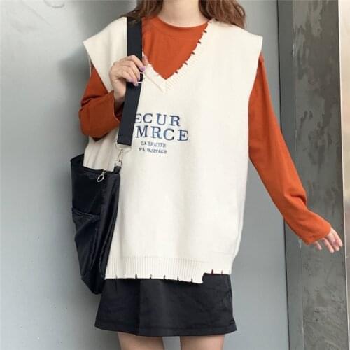 Blue Letter Oversize Knit Vests Women Autumn Korean Style V-neck Loose Sweater Vests Female Fashion Csual Streetwear Waistcoats