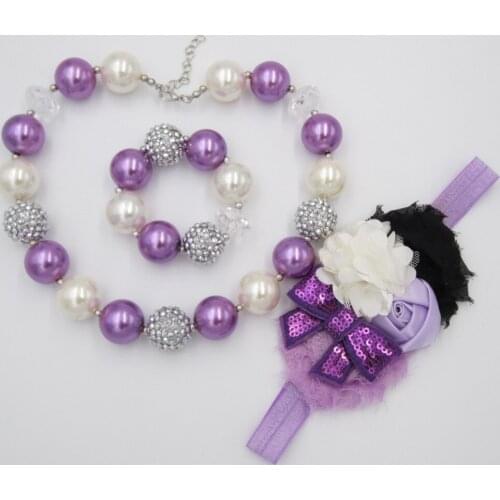 3PCS/SET Baby&Toddler 20mm Chunky Bead Bubblegum Necklace Bracelet Headband Jewelry Set Girls Gifts Pearl Necklace Bow Head Band