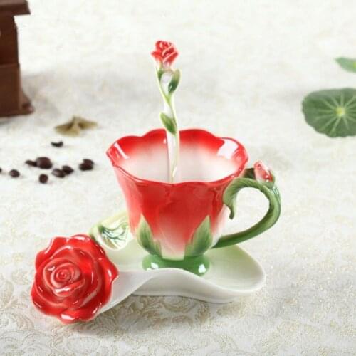 3D Rose Enamel Coffee Mugs with Spoon and Saucer Tea Milk Cup 150ml Marriage Gift Creative Ceramic Chinese Bone China Drinkware