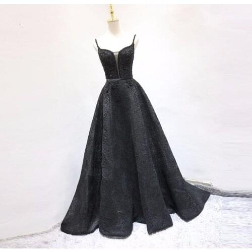 Abiye Black Lace Evening Dresses Long Beaded Spaghetti Strap Vintage Prom Gowns Robe De soiree Arabia Formal Dress Sexy 2021