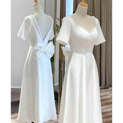 Tea Length A-Line Satin Wedding Dress 2021 Elegant Simple French Short Sleeve Bridal Gowns vestidos de mairee Wedding Party