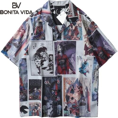 Bonita Vida Hawaiian Beach Shirts Harajuku Japanese Devil Girl Painting Men Hip Hop Summer Holiday Tropical Short Sleeve Tops