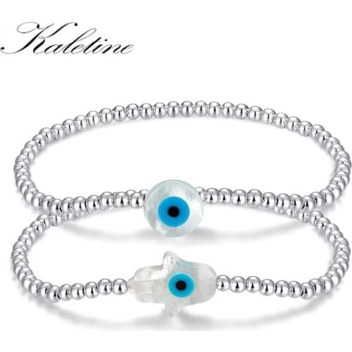 KALETINE Lucky Beads 925 Sterling Silver Bracelets MOP Shell Hamsa Hand of Fatima Evil Eye Cross Lucky Turkish Charm Bracelet