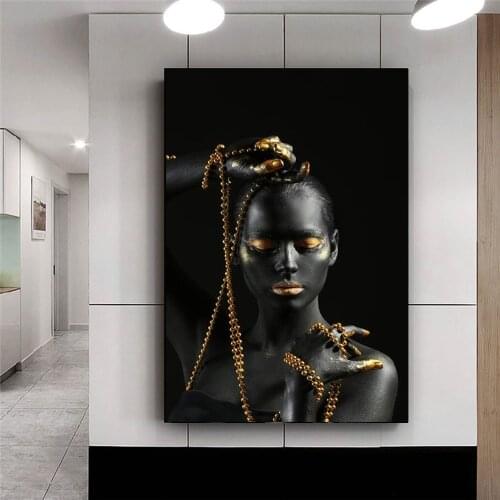 Black African Woman Holding Golden Jewelry Canvas Painting Wall Art Cuadros Posters Scandinavian Prints Picture Home Decor