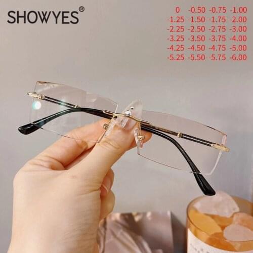 Gentleman Anti Blue Light Rimless Men Myopia Glasses Business Style Eyeglasses Progressive Brown Diamond Cutting Spectacles Male
