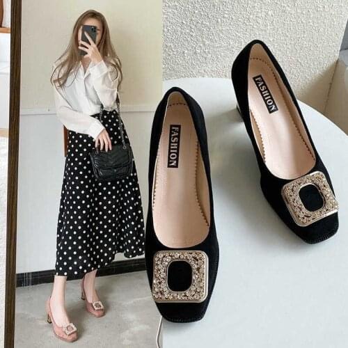 French new style annual meeting all-match thick-heeled square toe high-heeled shoes women
