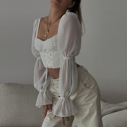 Sexy Wild Square Collar T-Shirt Long Sleeve Fashion Solid Color Front Bandage Mesh See Through Exposed Navel Crop Tops