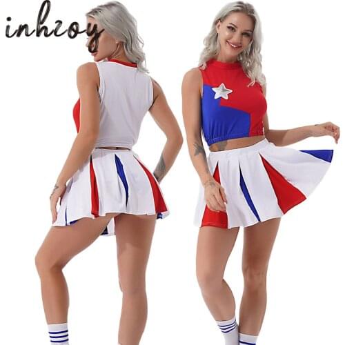 Korean Japanese Schoolgirl Cosplay Uniform Set Gleeing Cheerleader Costume Halloween Clubwear Dance Top with Mini Pleated Skirt