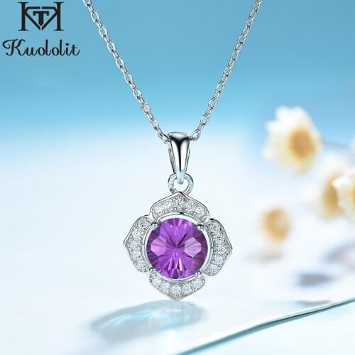 Kuololit Natural Amethyst Fireworks Gemstone Pendants Necklaces For Women 925 Sterling Silver Jewelry Purple Stone Wedding Gift
