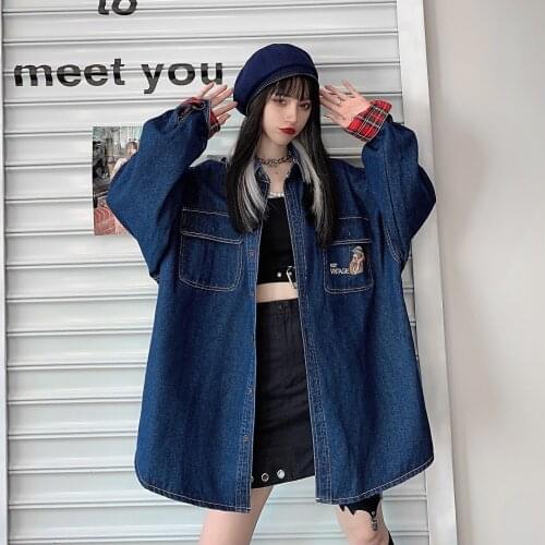 2021 Spring Women jacket Loose Korean Fashion style Denim Cartoon Embroidery Plaid patchwork jeans jacket women female jacket