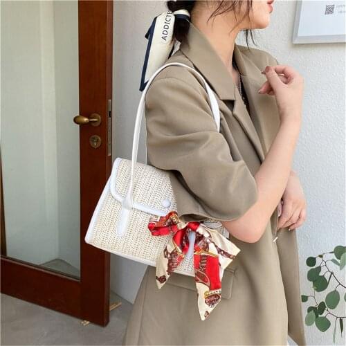 Summer Woven Small Square Bag 2021 New Fashion Shoulder Bag Woven Simple Handbag Silk Scarf Female Bag