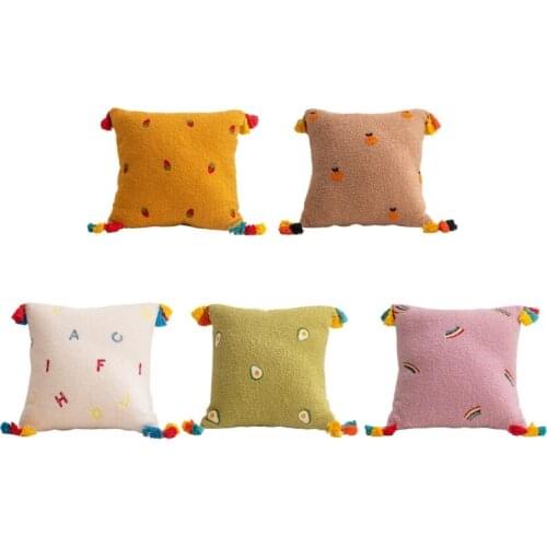 68UE Cute Fruit Embroidery Throw Pillow Case with Rainbow Tassels Bohemian Woven Tufted Kawaii Decorative Square Cushion Cover