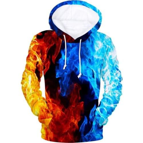 Men 3D Digital Fire Flame Print Hooded Sweatshirt Drawstring Pocket Hoodie Coat