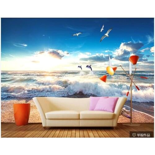 Wall paper 3 d home decor custom mural Sea beach waves seagulls dolphins landscape photo wallpaper in the living room