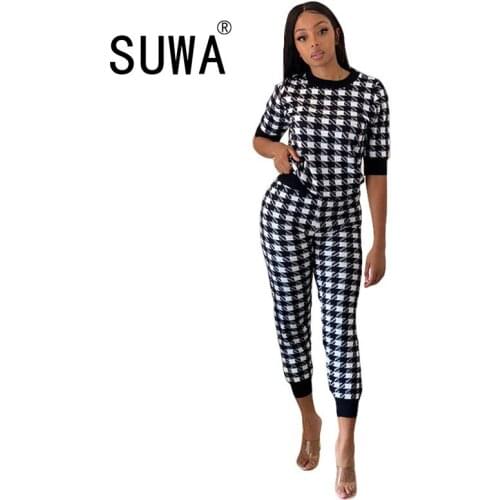 2020 Autumn New Womens Suit European and American Womens Printed Plaid Leisure Short Sleeves Shirt Trousers Two-Piece Set