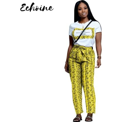 Echoine 2019 New Arrivals Letters Snake Skin Print Short Sleeve T Shirt Long Casual Pants 2 Two Piece Suits Sporty Tracksuit