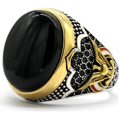 New Mens 925 Sterling Silver Ring, Oval Black Natural Agate Ring, Peace Sign, Male Thai Silver Turkish Jewelry