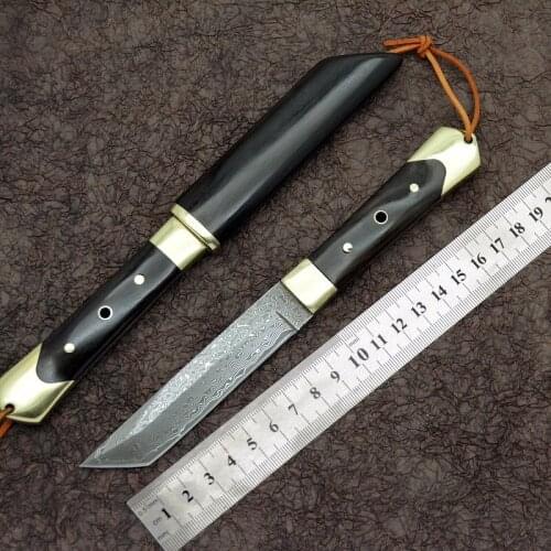 Damascus Steel Hunting Knife Fixed Blade Knife Ebony Handle With Copper Camping Survival Knife Outdoor Tool