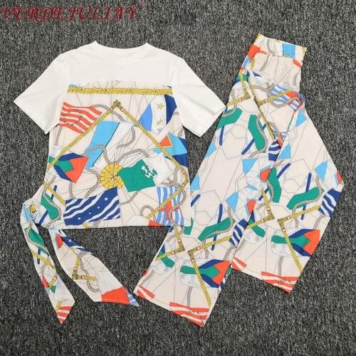 Wholesale European Casual Print Twinset Short Sleeve Bow Hem Pullover T-shirt + Elastic Waist Ankle-Length Pants Women Set