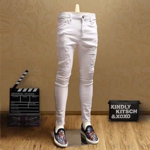 Casual Skinny Ripped White Jeans Streetwear Distressed Pants for Cowboys Men PSMJ74