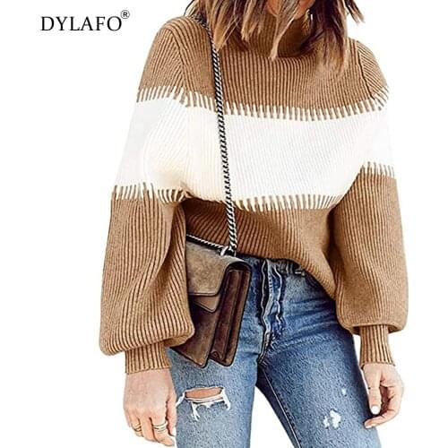 Casual Striped Patchwork Turtleneck Sweater Women Autumn Winter Long Sleeve Contrast Female Knitted Pullover Loose Top Sweater