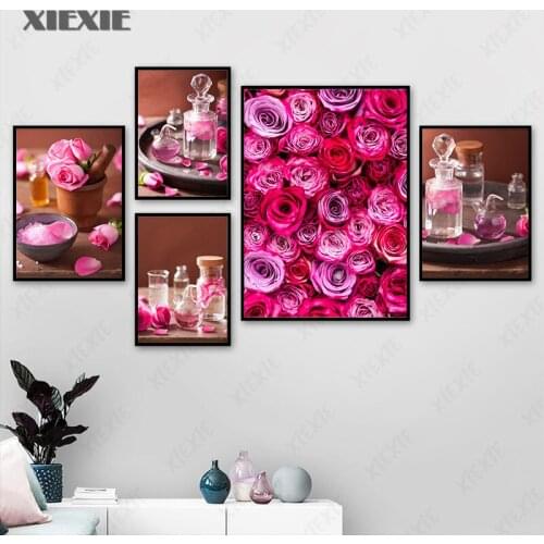 Pink Rose Flower Canvas Painting Aromatherapy Azalea Flowers Spa Stones Glass Bottle Posters Wall Art Decoration Pictures