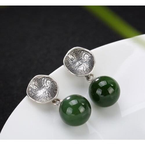 S925 Pure Silver Inlay Hetian Jade Restoring Ancient Ways Round Pearl Fine Earrings Earrings Wholesale High-grade Joker