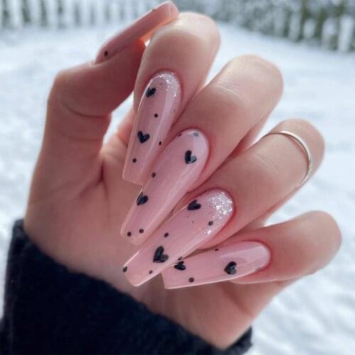 24Pcs/Set Love Heart Printed Fake Nails Glue Type Removable Long Paragraph Fashion Manicure Fully Covered Nails Decoration